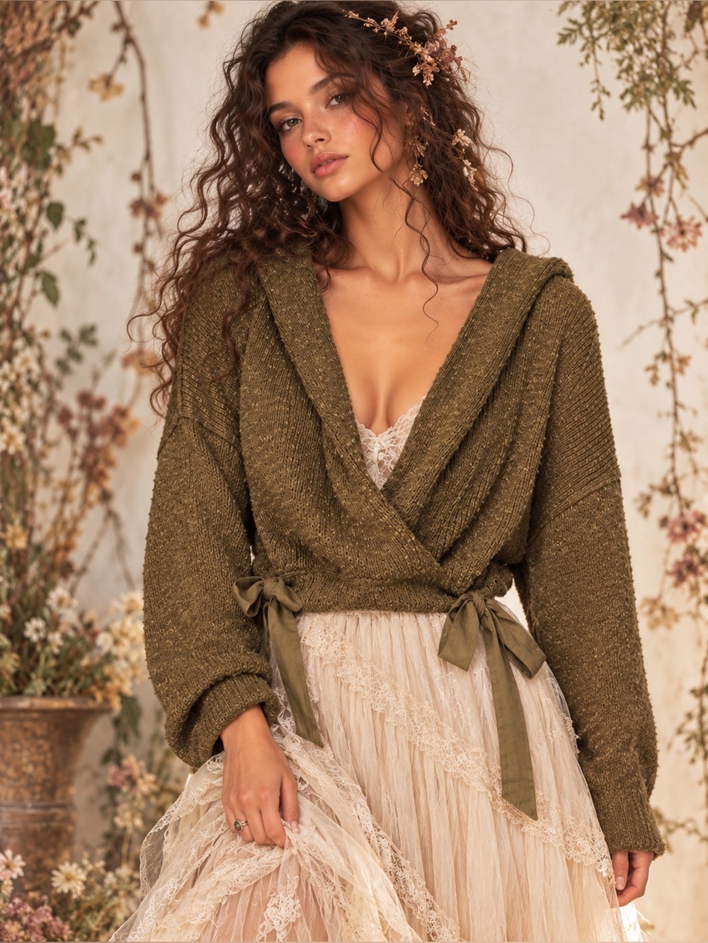 We The Free FP Chill Side Hoodie Moss‎ Green Faux Wrap Tie Cinch Hem M Fairycore